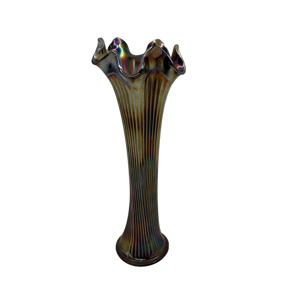 1930s Antique Fenton Irridescent Ruffled Glass Vase Carnival Glass